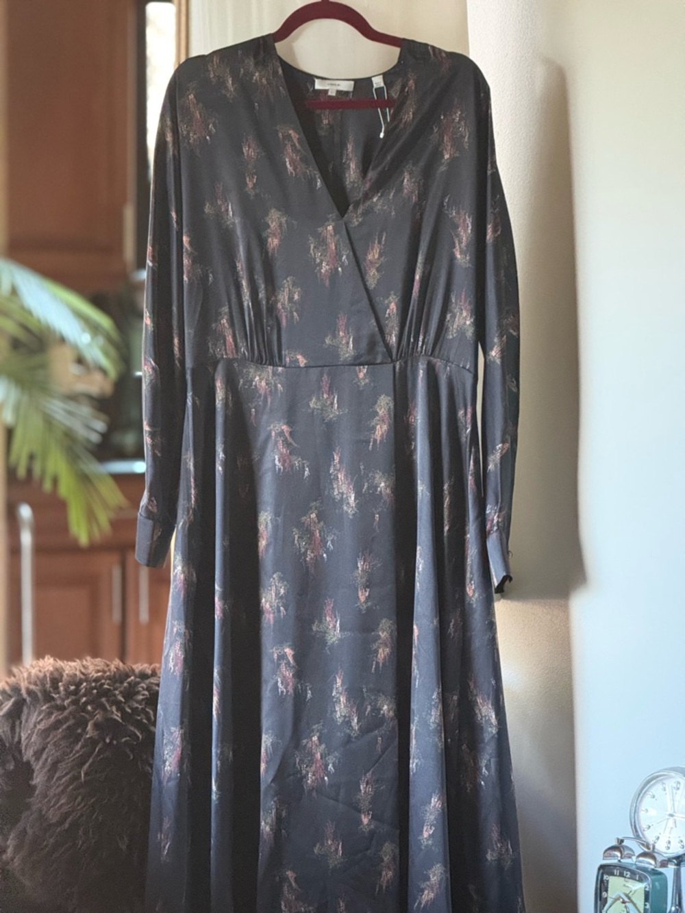 Vince Charcoal Midi Dress with Pink & Cream Floral Print